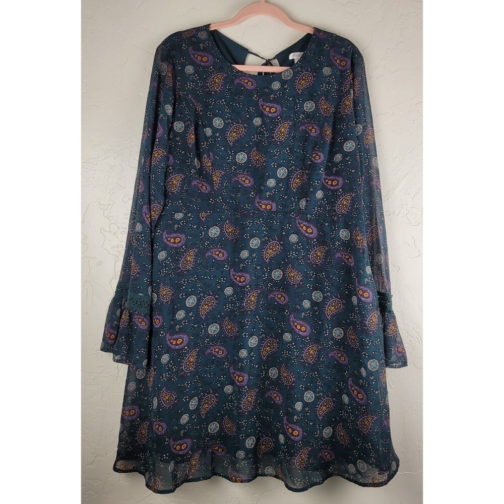 Xhilaration Womens Sz XXL Paisley Print Long Sleeve Mini Dress Green Bell Sleeve